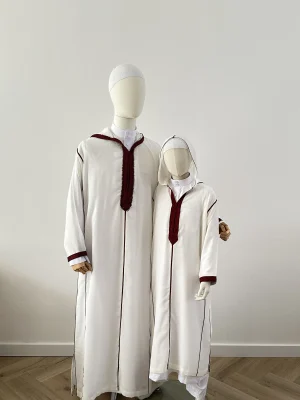 Marokkaanse djellaba SOUSSDI Wit met Bordeauxrood