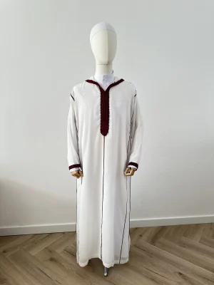 Marokkaanse djellaba SOUSSDI Wit met Bordeauxrood