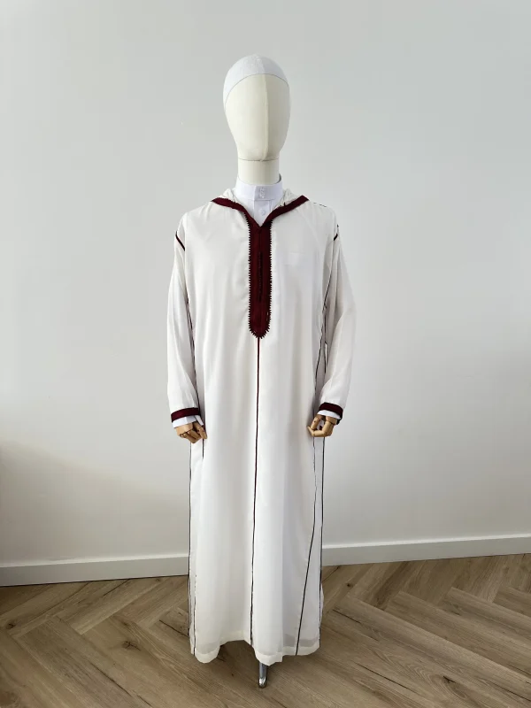 Marokkaanse djellaba SOUSSDI Wit met Bordeauxrood - Afbeelding 2